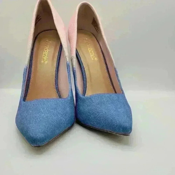 ShoeDazzle High Heels Pumps Denim Size 7.5 Light BLUE SOFT PINK Stiletto Pointed - Picture 4 of 12